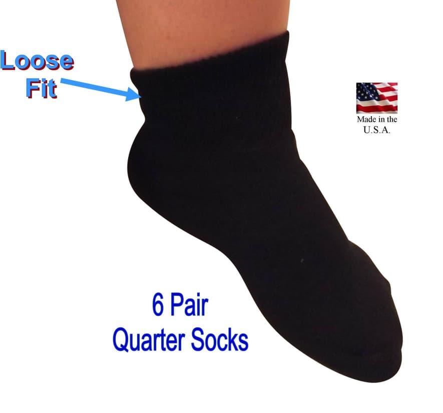 Black Wide diabetic quarter golf socks - made in America - 6 pairs - fabrics is 80 percent breathable soft comfortable cotton 15 percent best moisture wicking nylon and 5 percent stretchable spandex - best care for Happy Healthy Feet!