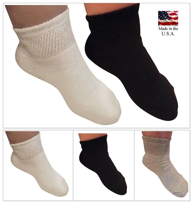 Wide diabetic quarter socks - made in the USA - white and grey sock fabrics is 80 percent breathable cotton 15 percent best moisture wicking polyester and 5 percent stretchable spandex - black sock fabrics are 80 percent breathable cotton 15 percent best moisture wicking nylon and 5 percent stretchable spandex.ercent