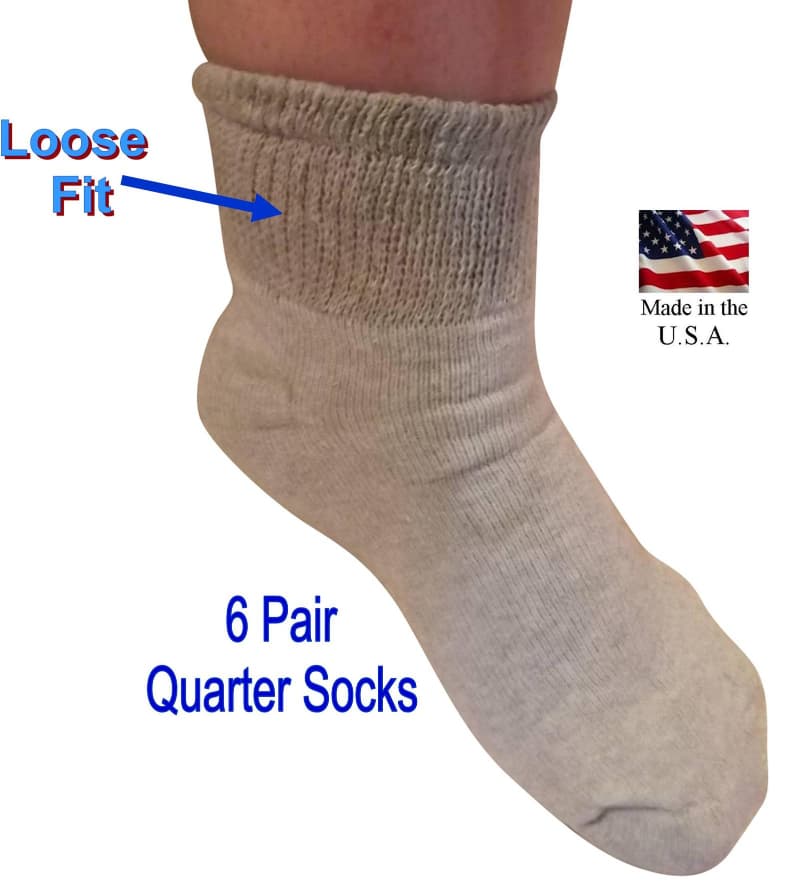 Grey wide diabetic quarter golf socks - 6 pair - 80 percent breathable soft comfortable cotton and 15 percent moisture wicking polyester and 5 percent stretchable spandex - Made in America for Happy Healthy Feet