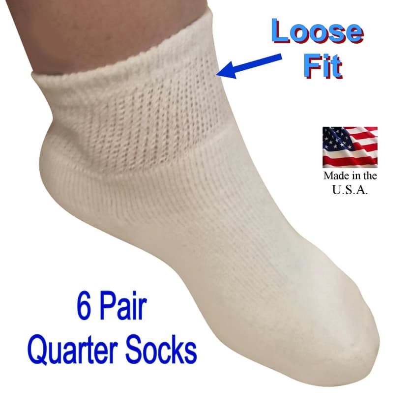 White Wide diabetic quarter golf socks - made in America - 6 pairs - fabrics is 80 percent breathable soft comfortable cotton 15 percent best moisture wicking polyester and 5 percent stretchable spandex - best care for Happy Healthy Feet!